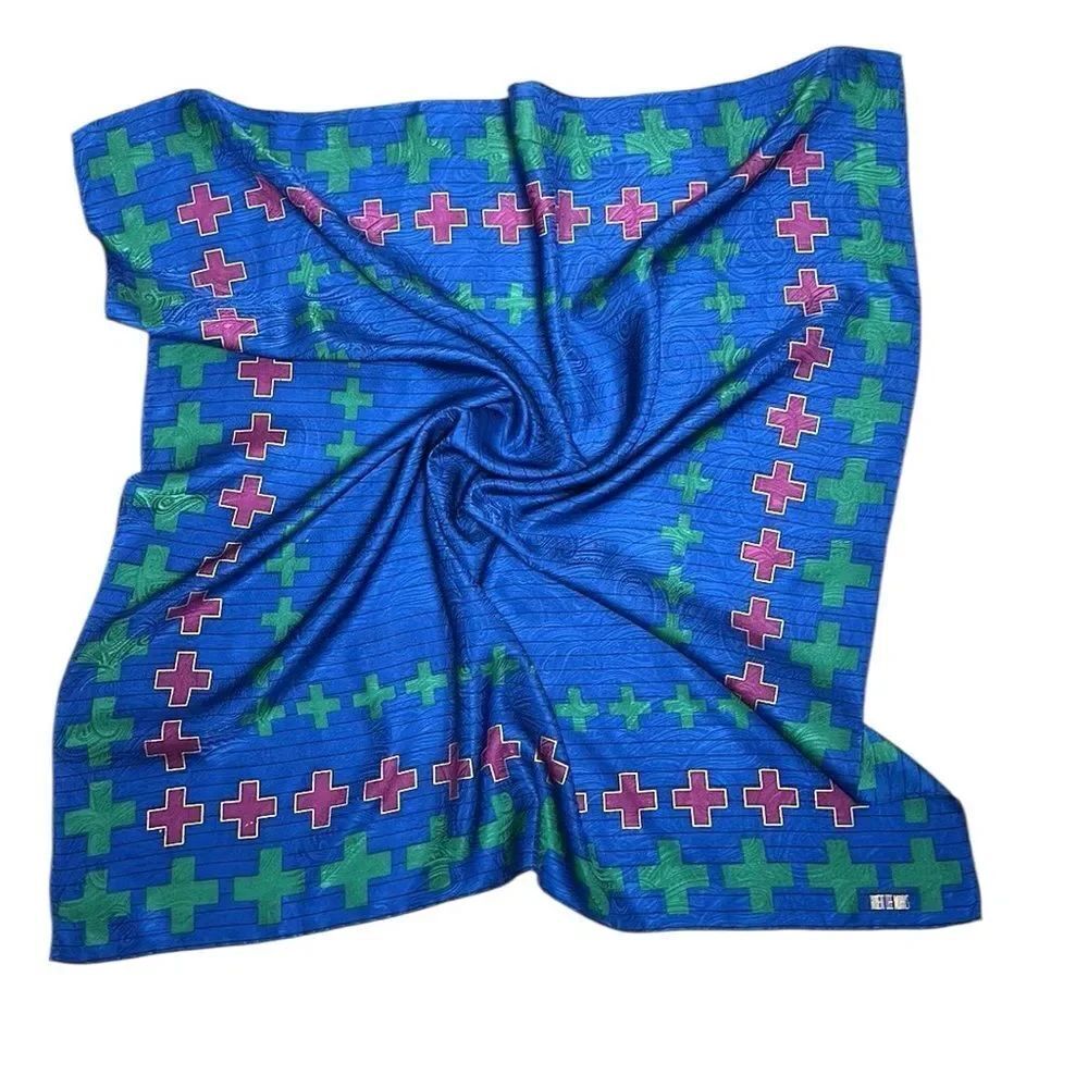 Robert Lee Morris Silk Scarf Blue Green Burgundy Hand Rolled 34x34” Vintage